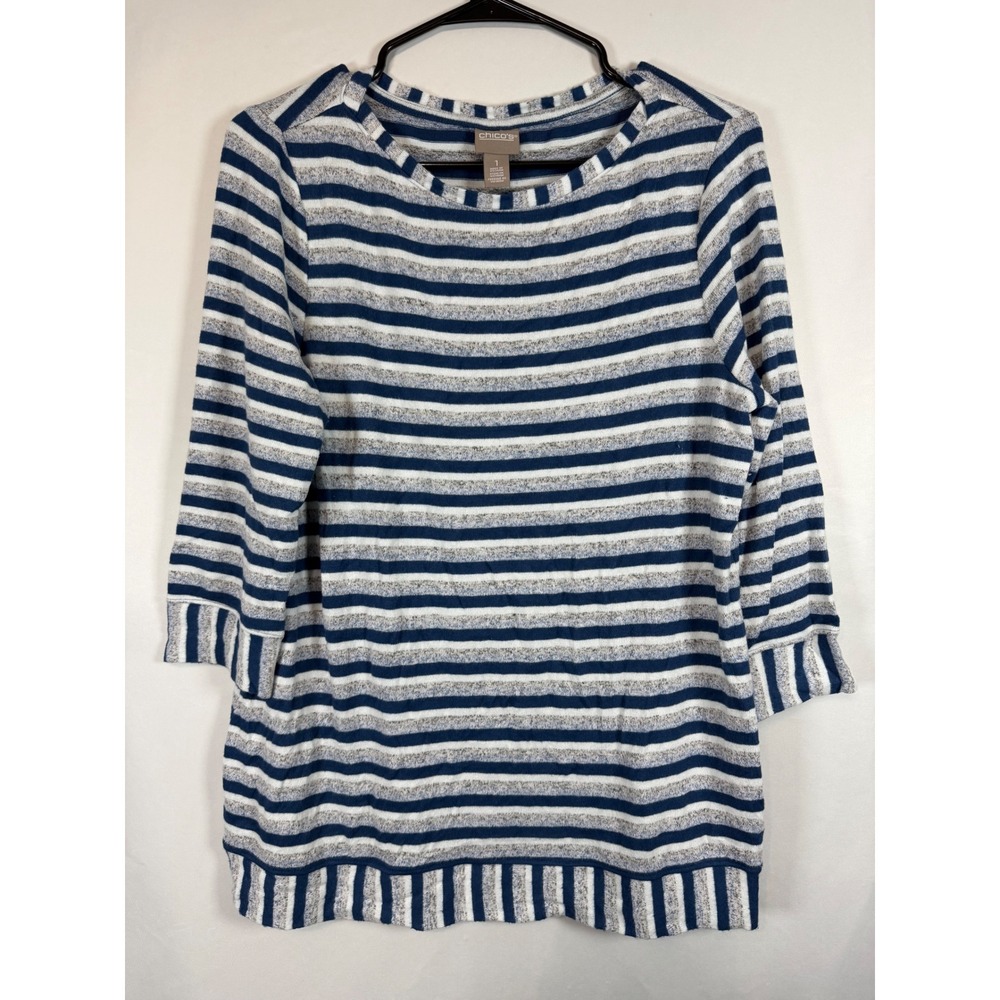 Chicos Navy Blue White Striped Knit Top 3/4 Sleeve Size 1 Medium